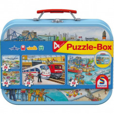 Puzzle-Box Schmidt: Mijloace de transport, set de 2 puzzle-uri x 48 piese și 2 puzzle-uri x 26 piese + bonus: cufăr metalic