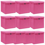 Cutii depozitare cu capace 10 buc. roz, 32x32x32 cm, textil GartenMobel Dekor, vidaXL