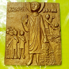 F368-Placheta aplica Sf. PETRU cu botez si credinciosi bronz masiv aurit 5/4,3cm