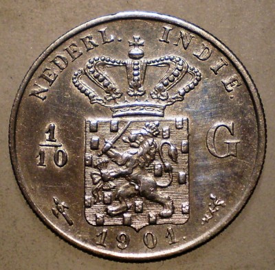 E.226 INDIILE OLANDEZE NETHERLANDS EAST INDIES 1/10 GULDEN 1901 XF ARGINT foto