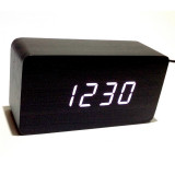 Ceas digital, afisaj temperatura, data, 3 setari alarma, format 12/24 h, design lemn, Negru