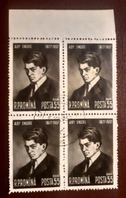 Romania 1957 Lp 446 Ady Endre Bloc de 4 timbre ștampilate foto