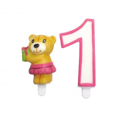 Lumanare aniversara de tort cu cifra 1 roz + figurina ursulet, Radar 51125, Set 2 buc foto