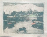Lucrare / Tablou vechi / scena urbana Bucuresti / de Iosif Roseblut / Acvatinta, acvaforte şi verni moale pe carton subtire / artist roman de colectie