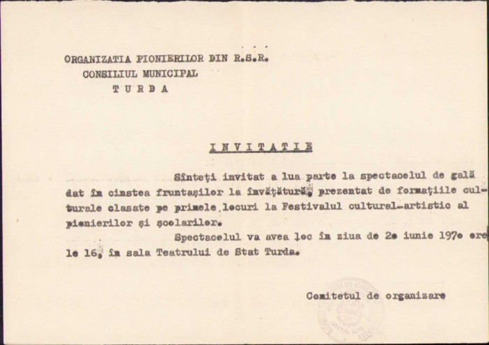 HST A77 Invitație pionieri Turda 1971