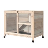 PawHut Cușcă din Lemn cu 2 Nivele, Căsuță pentru Iepuri, Cușcă cu Rampă și Tavă Detașabilă, 91.5x53.3x73 cm, Lemn Natural | Aosom Romania