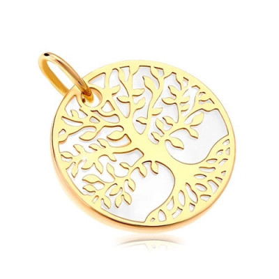 Pandantiv din aur 585 - cerc cu sidef alb, decorat cu copacul vieții foto