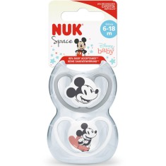 Suzeta Nuk Space Mickey, Silicon, 6-18 Luni, Forma Ortodontica, Set 2Buc/Cutie, Gri/Alb