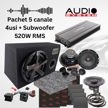 Pachet 5 canale - difuzoare fata + spate MX EVO cu amplificator 5 canale Audio System, Subwoofer Carbon 10 BR, inele si cablaje plug&amp;play pe masina Ca