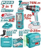 Kit combo TOTAL 20V 3 &icirc;n 1: bormasina cu impact, nivela laser, telemetru