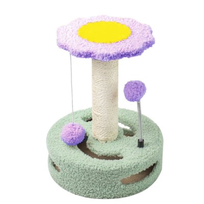 Ansamblu de joaca Pufo Flower pentru pisici, cu stalp pentru zgariat si minge, 33 cm, verde/mov foto
