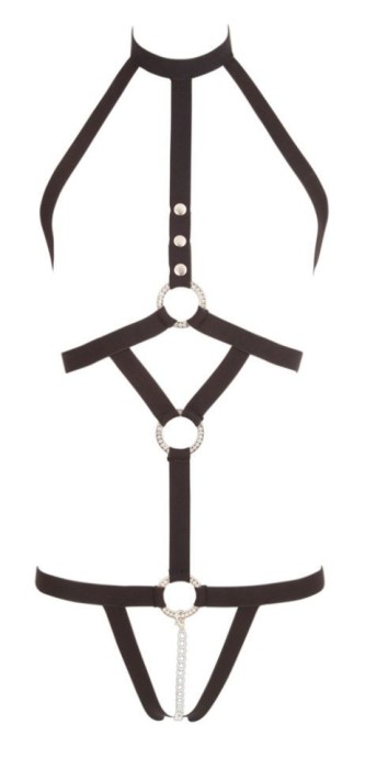 Body provocator din curele negre cu capse si inele metalice de prindere Strap
