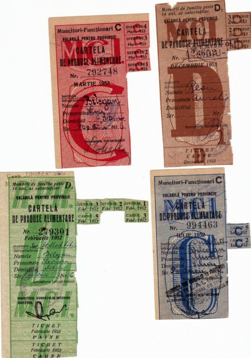 TICHETE CARTELA DE PRODUSE ALIMENTARE 1953 VALABILA PENTRU MUNCITORI FUNCTIONARI