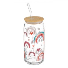 Pahar din Sticla, Model Rainbow, Multicolor, Capac Bambus, Pai, Capacitate 0,6L