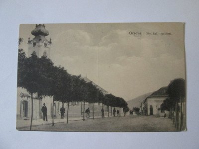 Carte poștală necirculată Orșova:Biserica Greco-Catolică,magazin circa 1910 foto