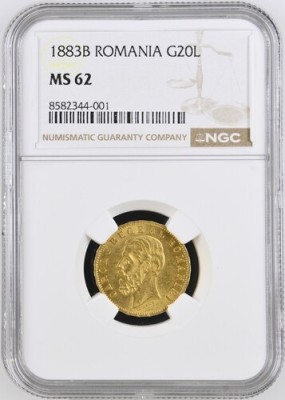 Moneda AUR 20 lei 1883, Carol I, MS62, certificata si gradata de NGC foto