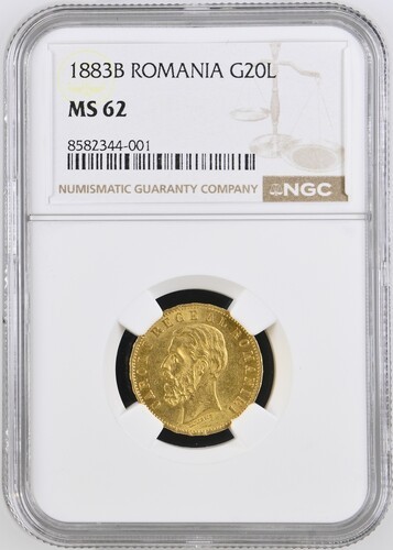 Moneda AUR 20 lei 1883, Carol I, MS62, certificata si gradata de NGC