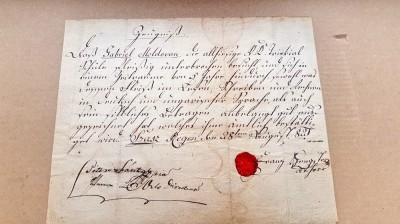 F904-I-ACT vechi Romania 1821 catre Susnumitul Gabriel Moldovan cu sigiliu. foto