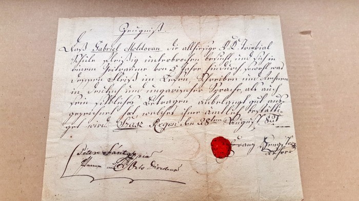 F904-I-ACT vechi Romania 1821 catre Susnumitul Gabriel Moldovan cu sigiliu.