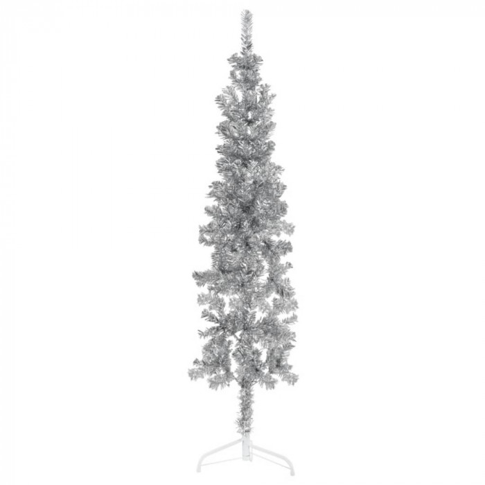 Jumătate brad de Crăciun subțire cu suport, argintiu, 150 cm