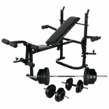 Cumpara ieftin Banca de greutati cu raft, set de gantere si haltere, 60,5kg