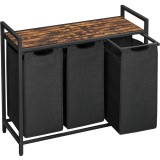 VASAGLE Cos de rufe, 3 compartimente, saci de rufe detasabili, raft, cadru metalic, 3x38L, 93x33x72 cm, maro rustic si negru Household NewTrend