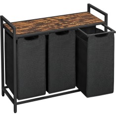 VASAGLE Cos de rufe, 3 compartimente, saci de rufe detasabili, raft, cadru metalic, 3x38L, 93x33x72 cm, maro rustic si negru Household NewTrend