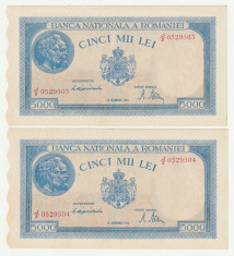 Romania, 5000 lei 1944 oct, 2 consecutive_XF+++_aUNC_serie J/2--0529503, 504 foto
