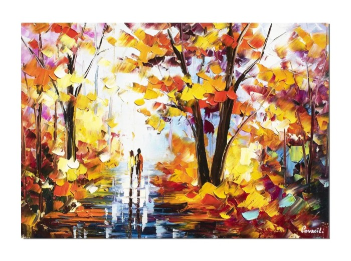Tablou cu indragostiti stilizat pictat manual, Impreuna pentru totdeauna, 70x50cm ulei pe panza