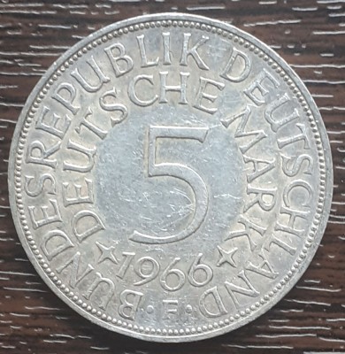 (A860) MONEDA DIN ARGINT GERMANIA - 5 MARK 1966, LIT F, 11,2 GRAME. PURITATE 625 foto