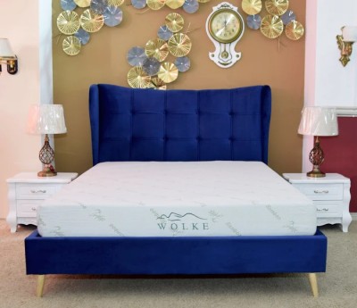 Pat Almera 160x200 cm Tapitat Catifea Albastru Somiera Inclusa (cod ML 2227-19) foto