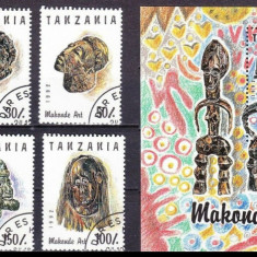 TANZANIA 1992 ARTA TRADITIONALA , MASTI , COLITA + TIMBRE STAMPILATE