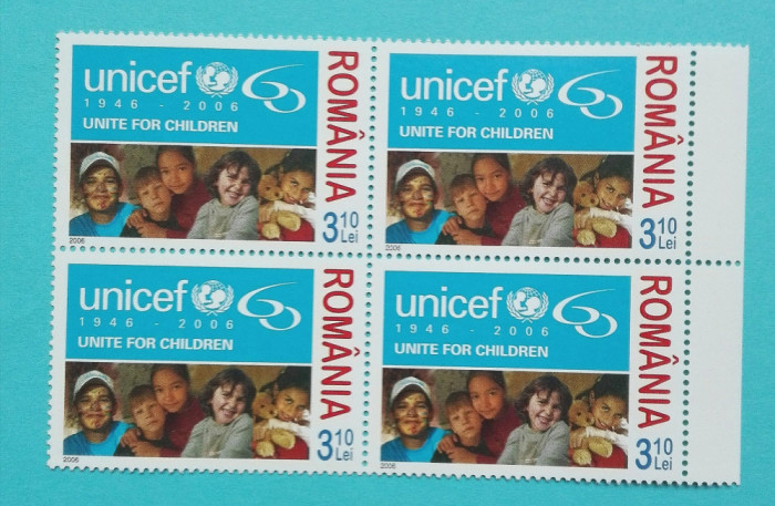 TIMBRE ROMANIA 2006 L.P.1751 UNICEF -60 de ani BLOC DE 4 VALORI MNH