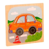 Puzzle montessori din lemn pentru copii, flippy, 3d, 0-3 ani, model masina, educativ, intuitiv, creativ, 5 piese, 15x15x0.5 cm, multicolor