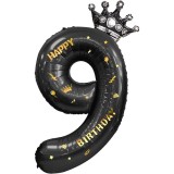 Cumpara ieftin Balon folie cifra 9 cu coroana Happy Birthday 100 cm, negru, umflare aer sau heliu, aniversare decor petrecere
