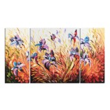 Tablou pictat manual 3 piese, Irisi in camp, stilizat - 160x90cm ulei pe panza in cutit efect 3D, Magnific!