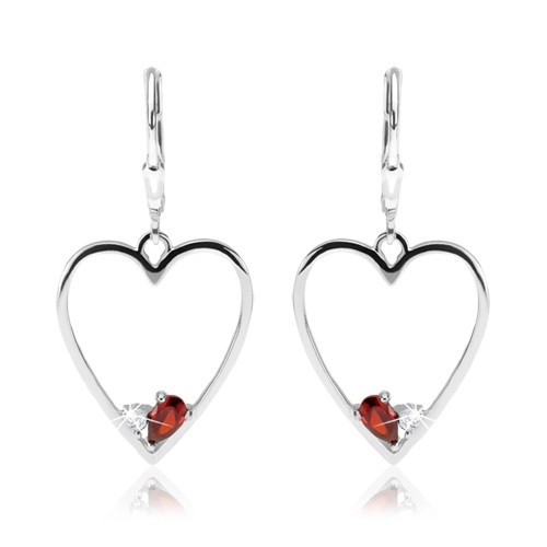 Cercei realizați din argint 925, contur inimă simetrică, zirconiu roșu și transparent