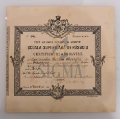 SCOALA SUPERIOARA DE RASBOIU, CERTIFICAT DE ABSOLVIRE, ( semnat Maresalul Antonescu ) , 1928 foto