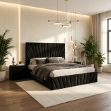 Pat Tapitat Leon Negru Catifea Premium Cu Noptiere Tapitate Stoc limitat