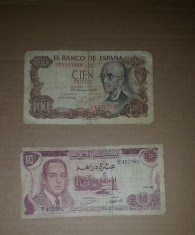 + Lot 2 bancntote circulate 1970 Maroc 10 dirhams si Spania 100 pesetas + foto