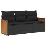 Set mobilier de gradina cu perne, 3 piese, negru, poliratan