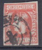 ROMANIA 1869 LP 27 REGELE CAROL I CU FAVORITI 15 BANI ROSU STAMPILAT BUCURESTI