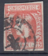 ROMANIA 1869 LP 27 REGELE CAROL I CU FAVORITI 15 BANI ROSU STAMPILAT BUCURESTI