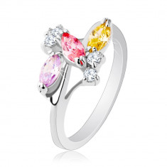 Inel strălucitor cu braţe lucioase, argintiu, zirconii transparente şi colorate - Marime inel: 55