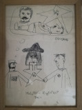 Lucrare caricatură semnată Saul Steinberg, 29 x 21 cm, tuș pe h&acirc;rtie