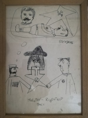 Lucrare caricatură semnată Saul Steinberg, 29 x 21 cm, tuș pe h&amp;acirc;rtie foto