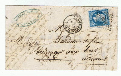 France 1860 Cover + Content 1639 LANGRES HAUTE SAONE to VRIGNES D.734 foto