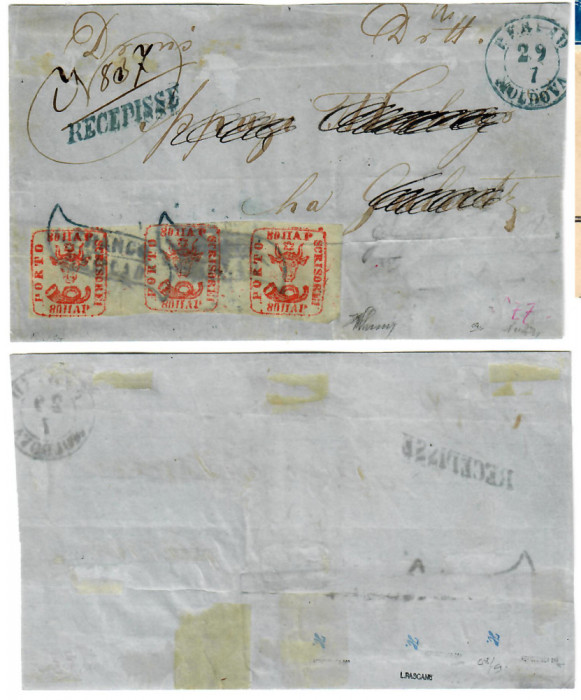 MOLDOVA Cap de Bour B&acirc;rlad streif 3 timbre 80 parale pe față de plic expertizată