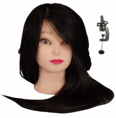 Cap de antrenament Jessica 65 cm negru păr uman + m&acirc;ner coafor pentru pieptănat cap de exercițiu