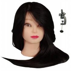 Cap de antrenament Jessica 65 cm negru păr uman + m&acirc;ner coafor pentru pieptănat cap de exercițiu